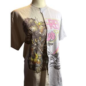 Biker Moto x Retro Rock Split Graphic Tee, Streetwear, Men's Size Small